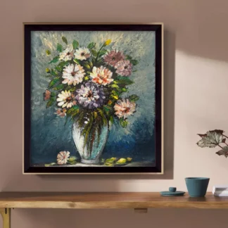 tranh lọ hoa cúc sơn dầu vẽ tay decor phòng khách
