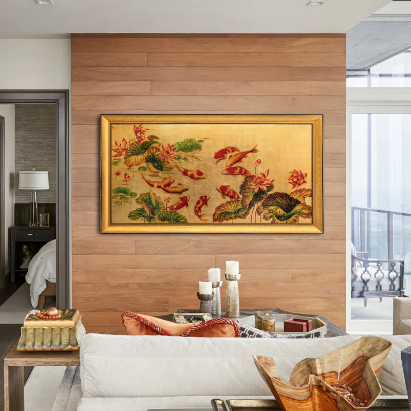 tranh sơn mài cửu ngư quần hội liền khối phòng khách