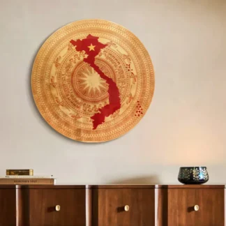 Tranh tròn Trống Đồng Non Sông Họa Đồ – Sơn mài dát vàng