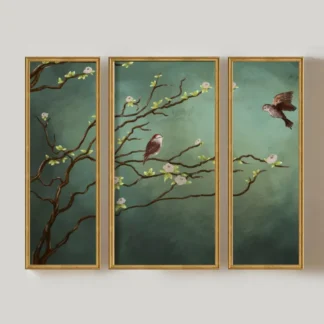 Bộ 3 tranh indochine Đôi chim bên cành - Silent Harmony