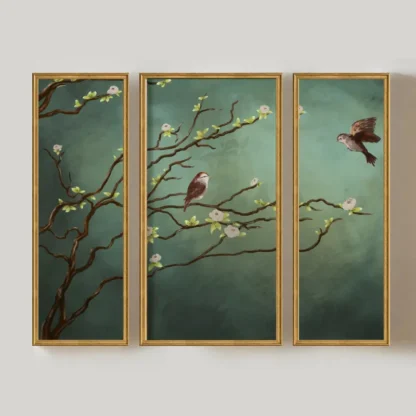 Bộ 3 tranh indochine Đôi chim bên cành - Silent Harmony