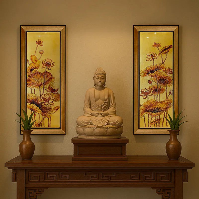 Bộ 2 tranh hoa sen vàng treo phòng thờ treo đối xứng