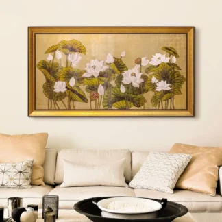Bạch Liên Hoa sơn mài dát vàng tranh hoa sen trắng treo phòng khách