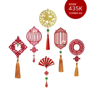 COMBO 6D - Quà tặng tết - Hộp quà tết cao cấp Bộ 6 dây đỏ treo cây tết gỗ khắc hoa văn