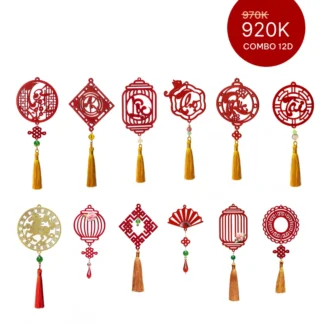 COMBO 12D - Quà biếu tết cao cấp tặng sếp | Bộ 12 dây treo tết bằng gỗ màu đỏ thư pháp và hoa văn