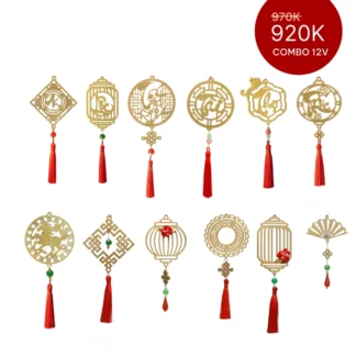 COMBO 12V - Quà tặng tết cho người thân | Bộ 12 dây treo trang trí tết màu vàng thư pháp và hoa văn - 12V