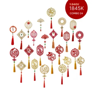 COMBO 24 - Quà biếu tết cho doanh nghiệp, nhân viên | Bộ 24 dây treo tết bằng gỗ khắc - VIP24