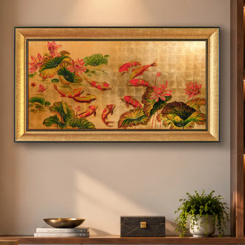tranh cửu ngư quần hôi sơn mài dát vàng