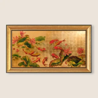 tranh cửu ngư quần hôi sơn mài dát vàng