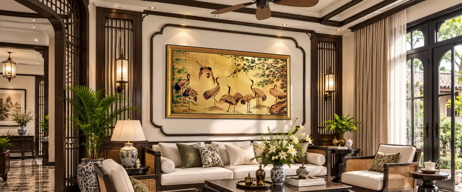 Tranh sơn mài dát vàng Bạch Liên Hoa trong không gian nội thất
