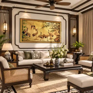 Tranh Tùng Hạc Diên Niên – Sơn Mài Dát Vàng Liền Khối